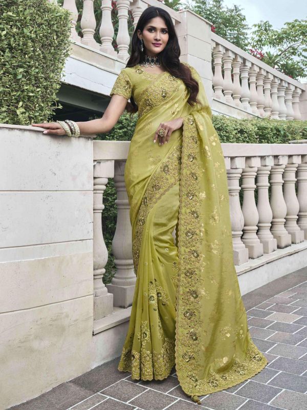 Lime Green Heavy Zari Embroidered Silk Saree