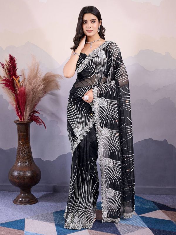 Black Sequins Embellished Saree In Net 