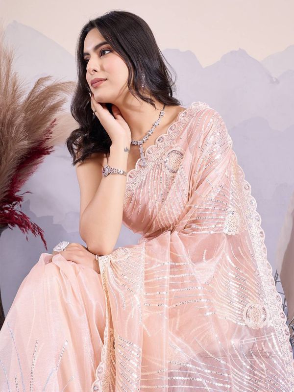 Peach Festive Wear Net Saree In Sequins Embroidery