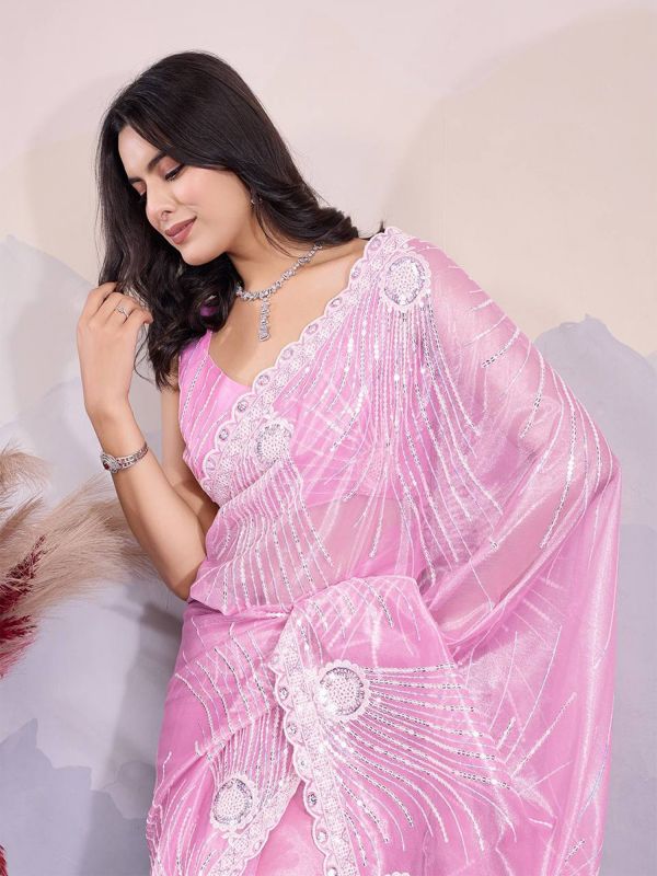 Pink Sequins Embroidered Party Wear Saree