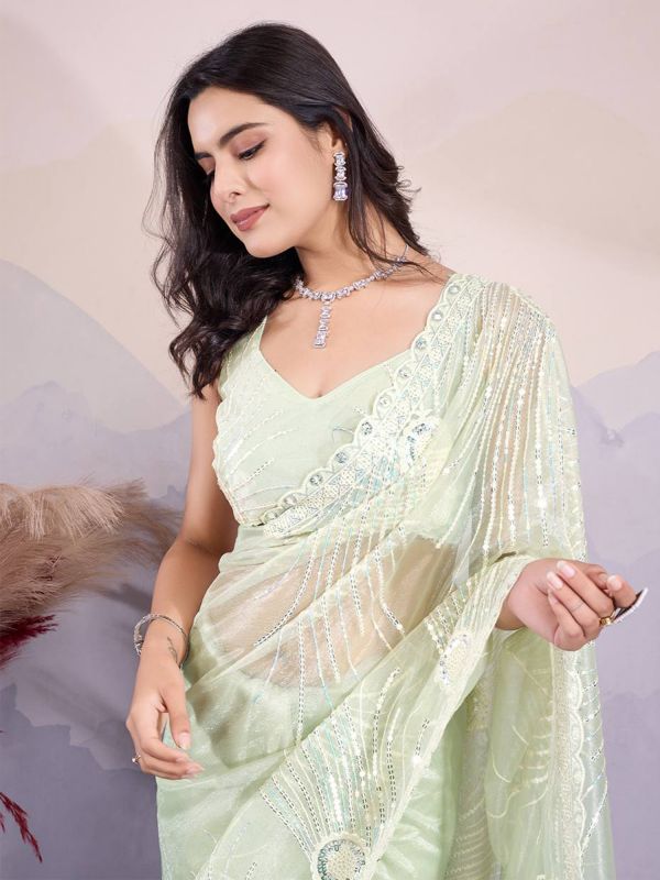 Pista Green Festive Wear Saree In Zari Embroidery