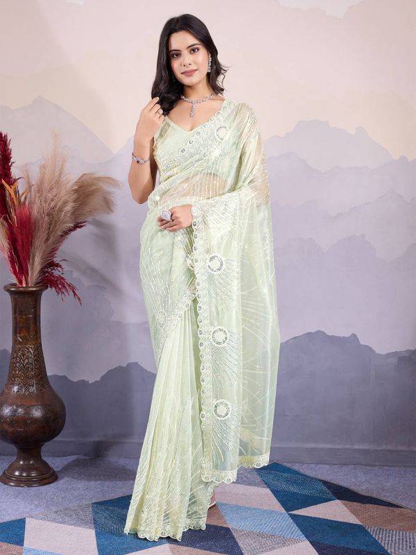 Pista Green Festive Wear Saree In Zari Embroidery