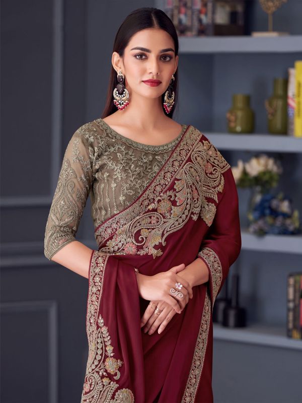 Maroon Heavy Floral Zari Embroidered Silk Saree