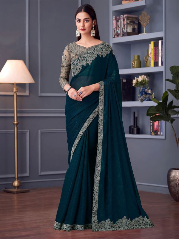 Teal Blue Floral Emellished Saree In Georgette