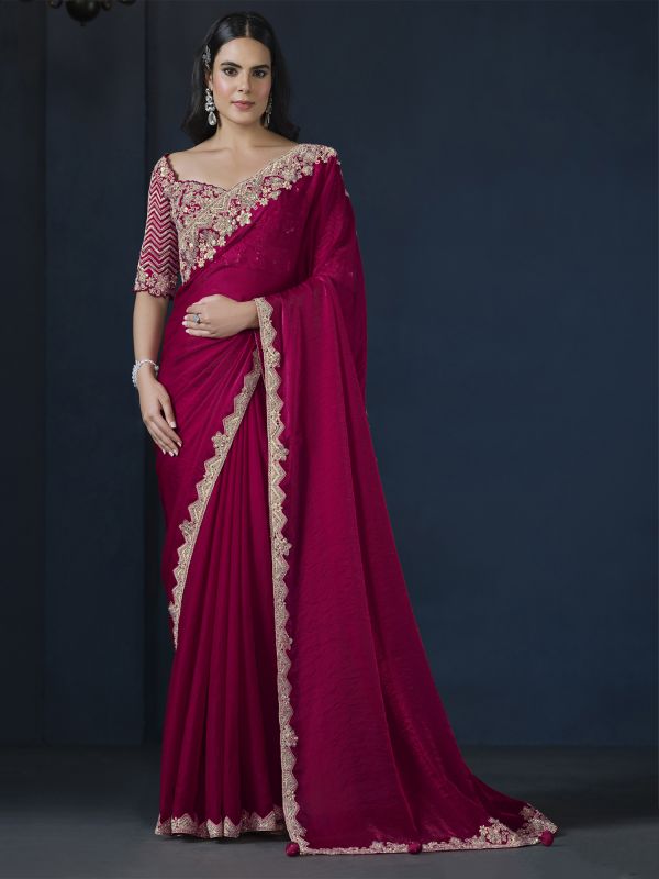 Magenta Bridesmaid Embroidered Saree In Silk