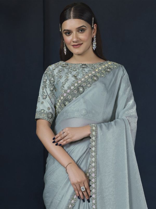 Grey Wedding Silk Saree In Floral Embroidery