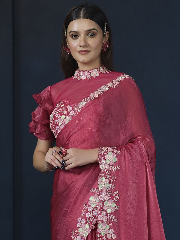 Pink Thread Work Bridesmaid Saree In Silk