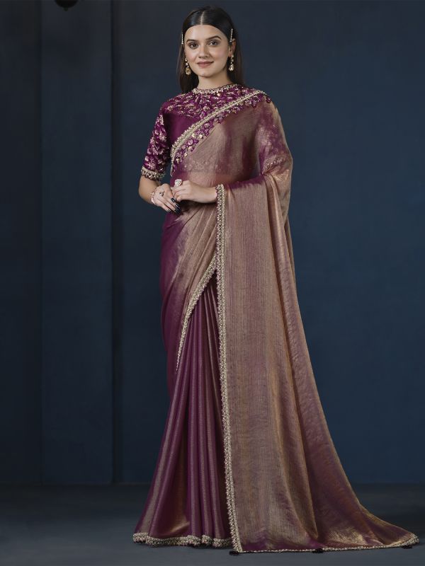 Wine Crepe Saree In Heavy Thread Embroidery