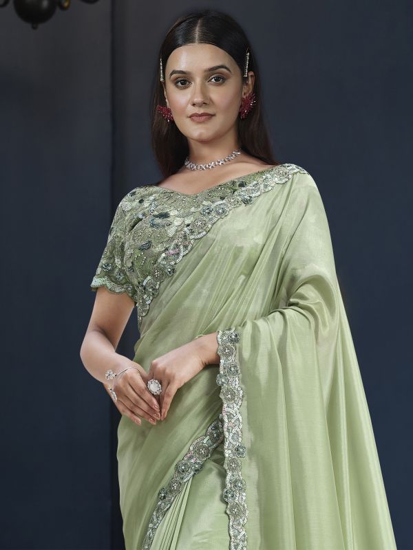 Pistachio Green Sequins Floral Embroidered Saree