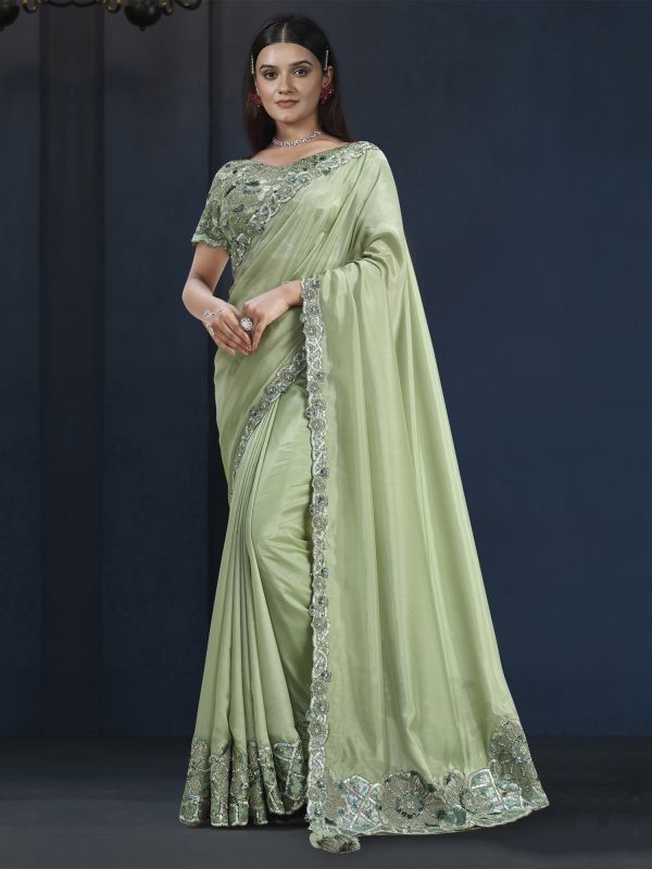 Pistachio Green Sequins Floral Embroidered Saree