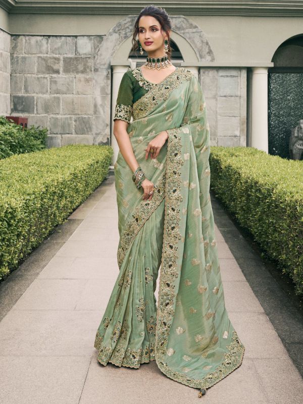 Sage Green Zari Embellished Saree In Silk