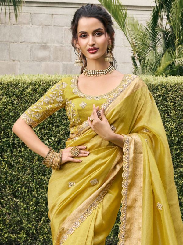 Yellow Wedding Wear Silk Saree In Zari Work