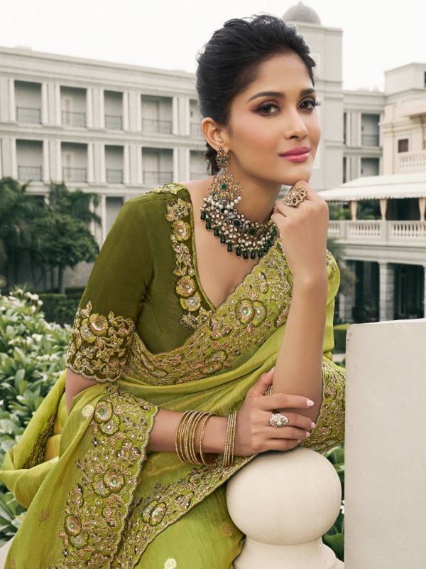 Green Silk Saree In Floral Embroidered Borders