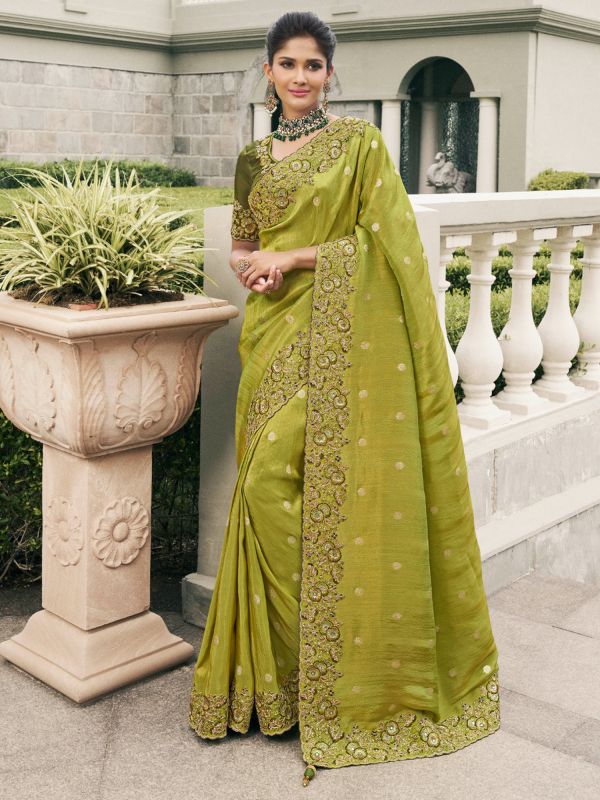 Green Silk Saree In Floral Embroidered Borders