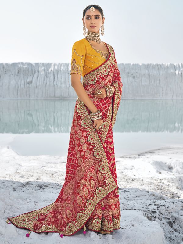 Red Traditional Saree With Embroidered Border