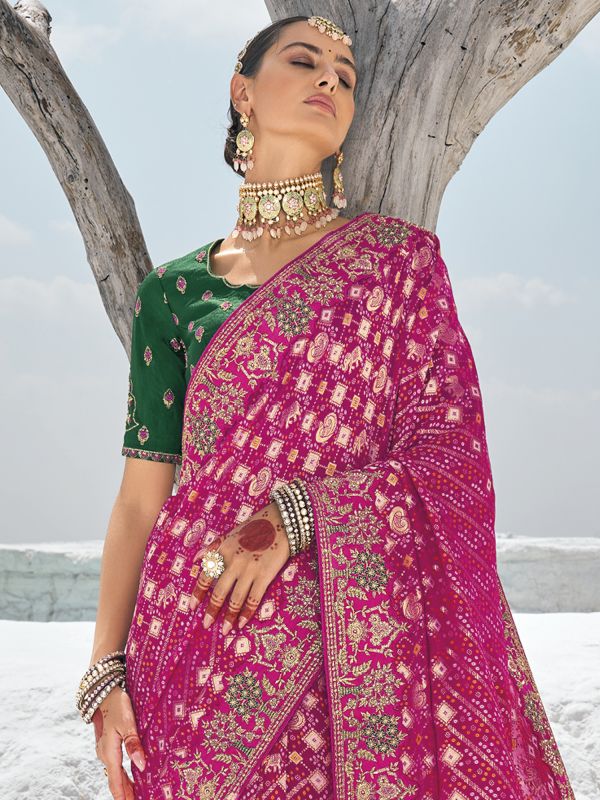 Rani Pink Wedding Saree In Bandhani Print