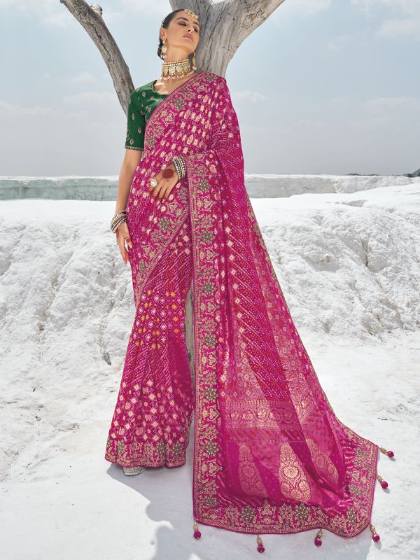 Rani Pink Wedding Saree In Bandhani Print