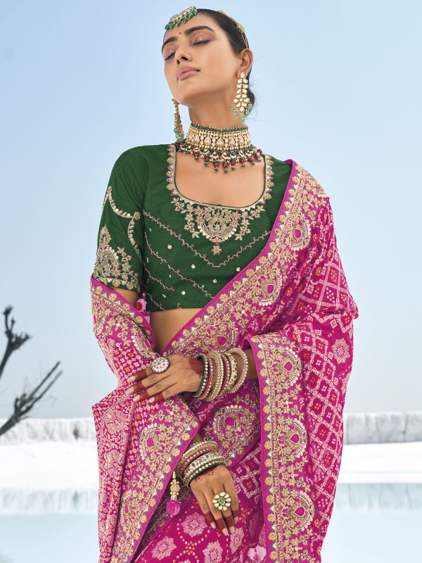 Rani Pink Printed Saree With Heavy Border