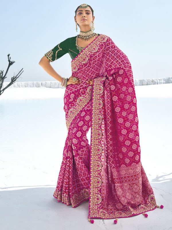 Rani Pink Printed Saree With Heavy Border