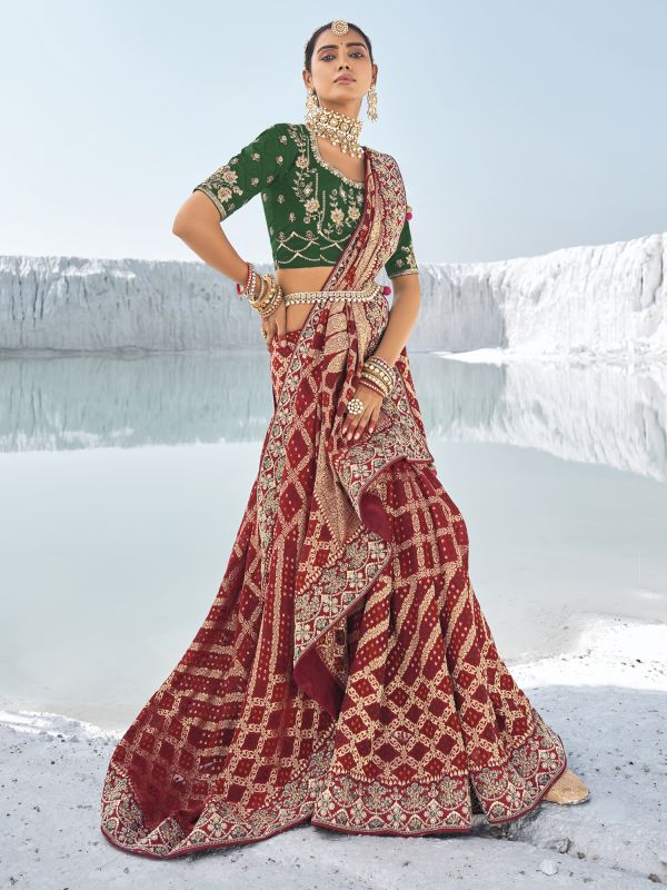 Berry Red Bridal Saree In Heavy Embroidery