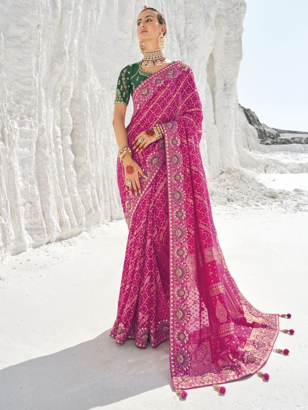 Pink Wedding Georgette Saree In Stone Work