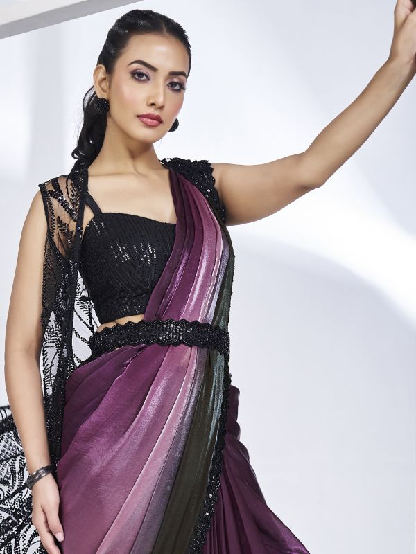 Wine And Black Ombre Shaded Silk Saree