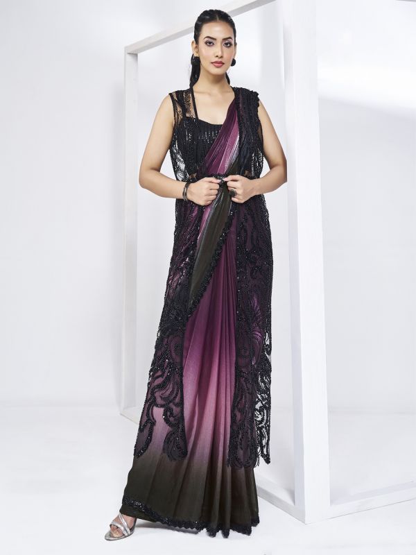 Wine And Black Ombre Shaded Silk Saree