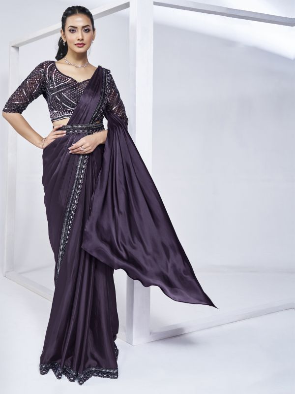 Midnight Purple Silk Saree With Embroidered Blouse