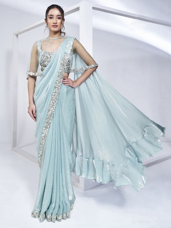 Light Blue Sequins Embellished Saree In Silk