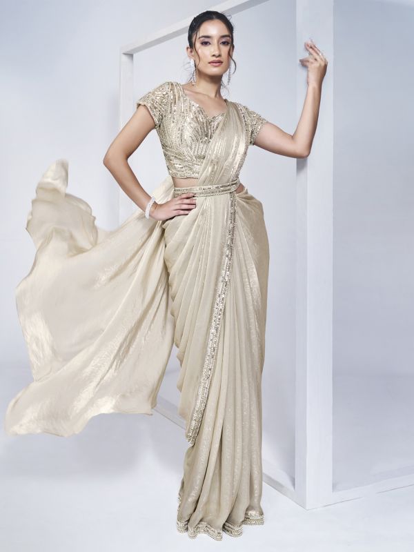 Off White Party Saree In Sequins Work