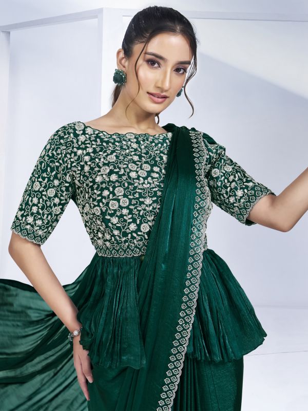 Green Chiffon Saree With Embroidered Blouse