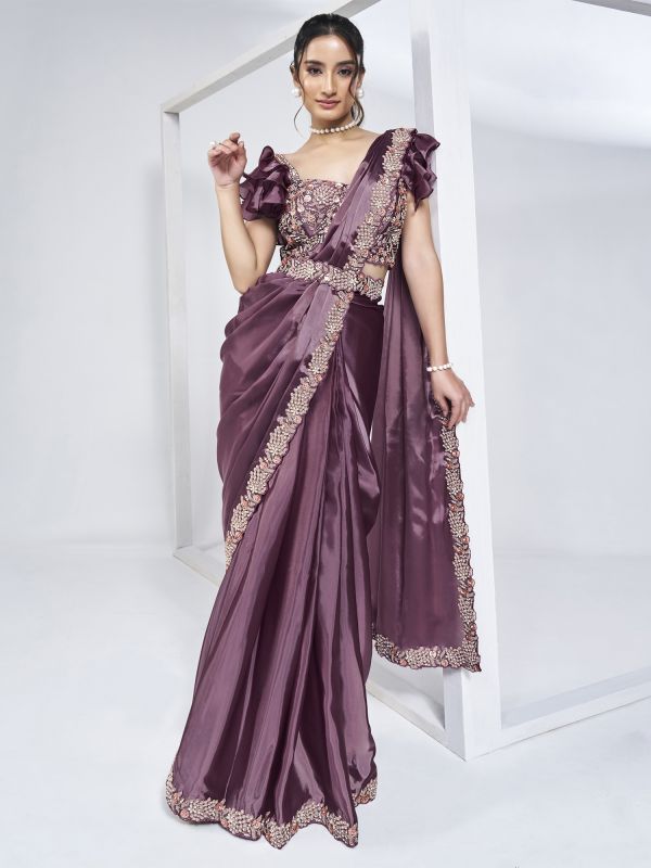 Purple Party Wear Saree In Floral Embroidery