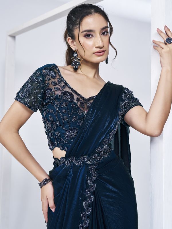 Navy Blue Embroidered Bridesmaid Silk Saree