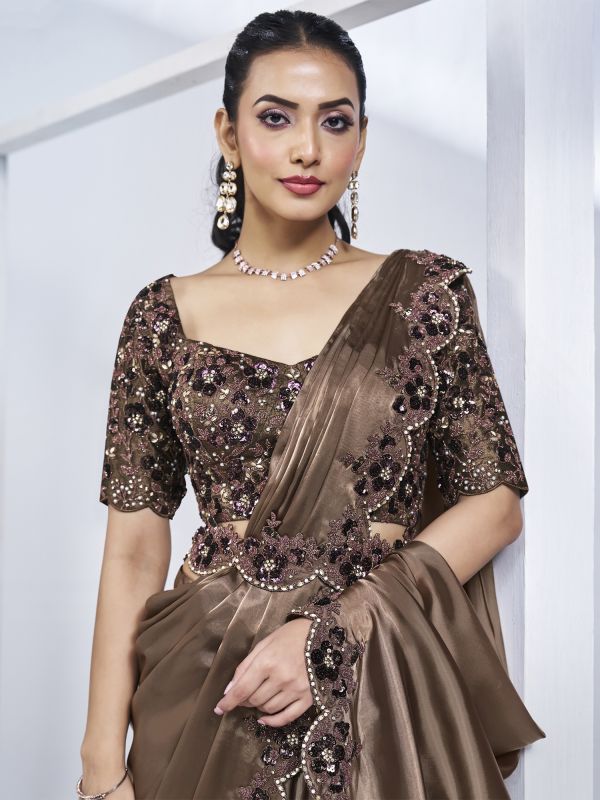 Brown Bridesmaid Saree In Heavy Floral Embroidery