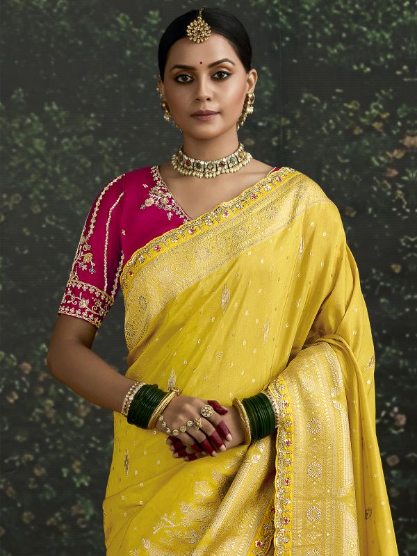 Bright Yellow Wedding Wear Silk Saree