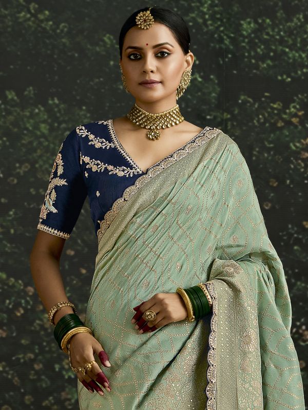 Sage Green Zari Embellished Saree In Silk