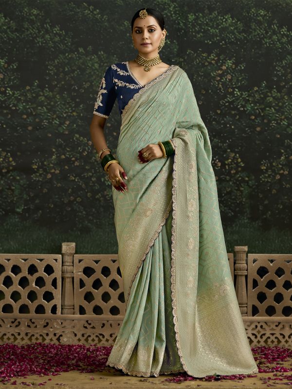 Sage Green Zari Embellished Saree In Silk