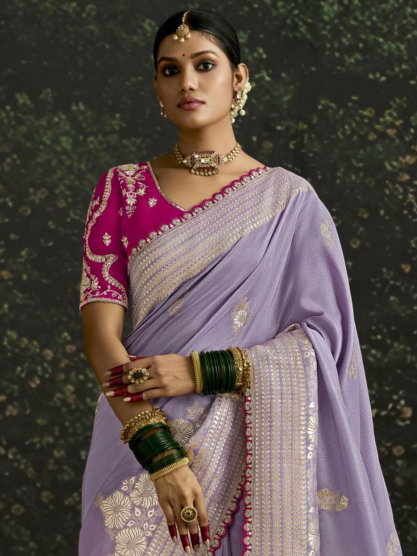 Light Purple Sequins Embroidered Silk Saree