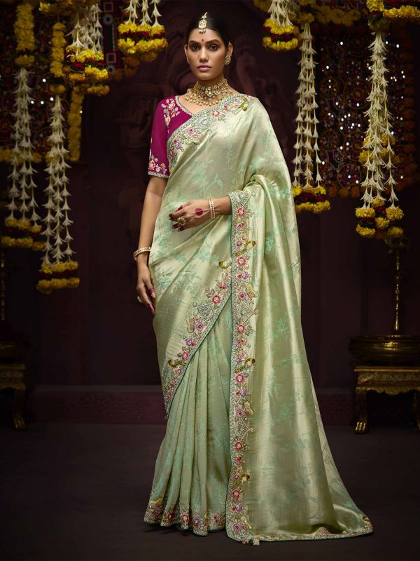 Light Green Traditional Saree In Banarasi Silk