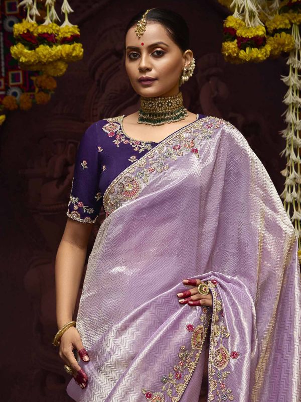 Lilac Silk Saree In Stone Embellishment