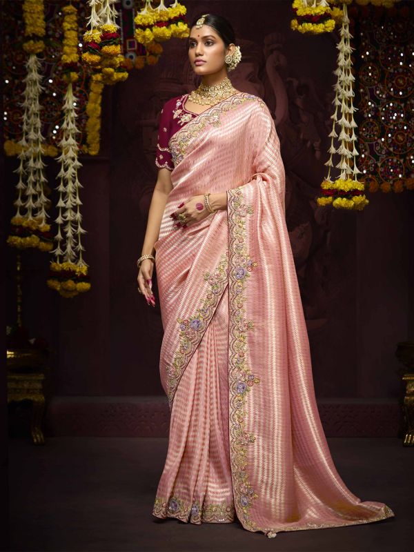 Peach Heavy Embroidered Saree With Blouse