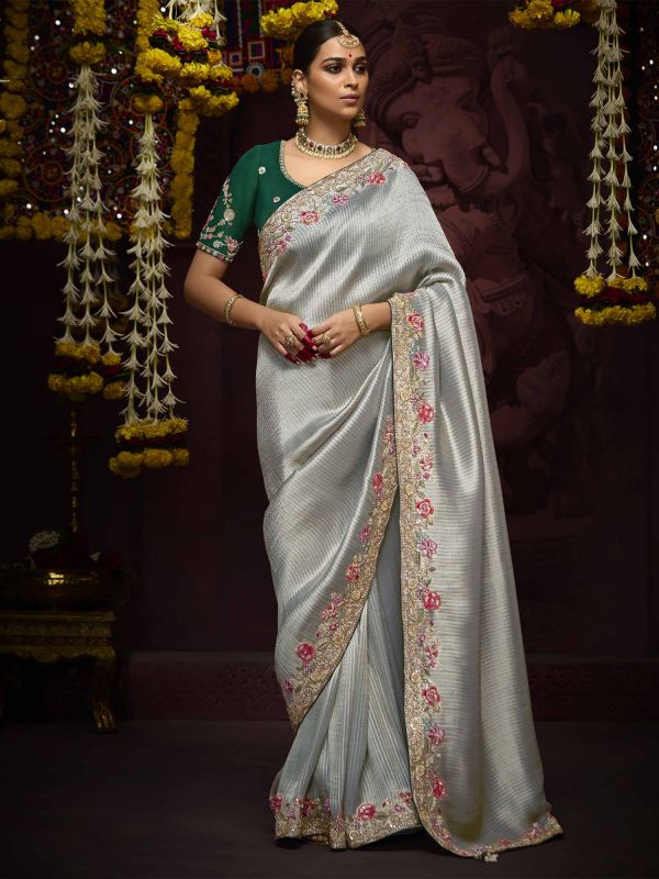 Grey Stone Embellished Party Saree In Silk