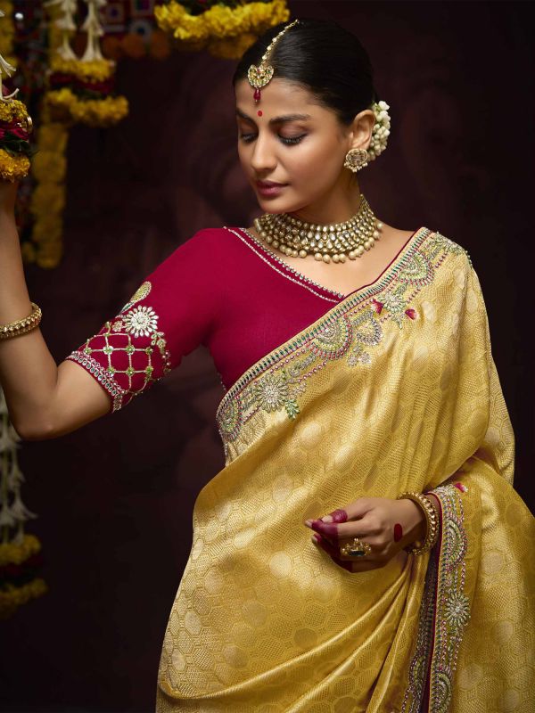 Yellow Wedding Silk Saree In Sequins Work