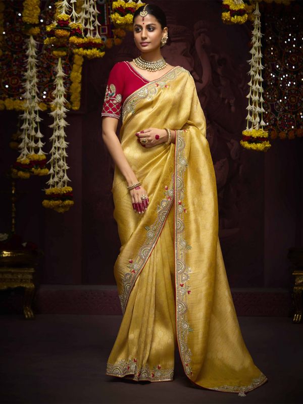 Yellow Wedding Silk Saree In Sequins Work