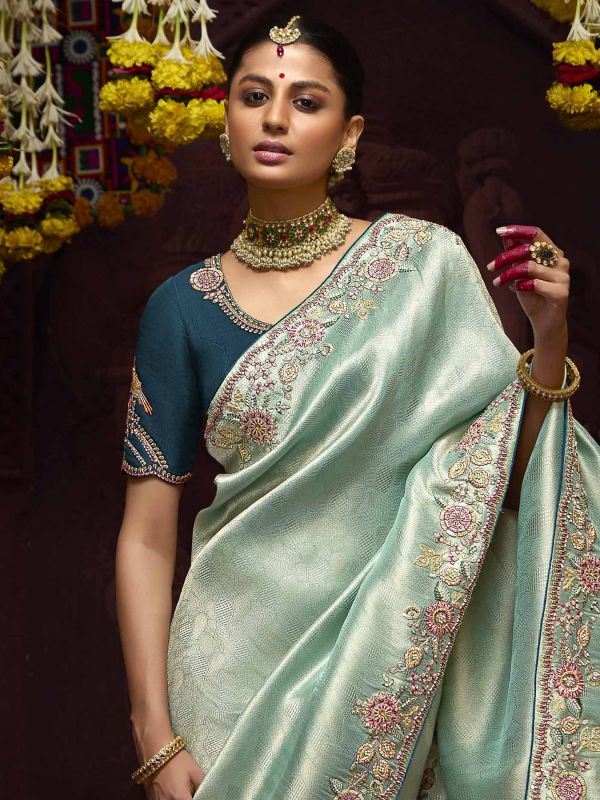 Sage Green Silk Saree In Floral Embroidery