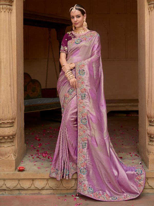 Lilac Traditional Saree In Thread Embroidery