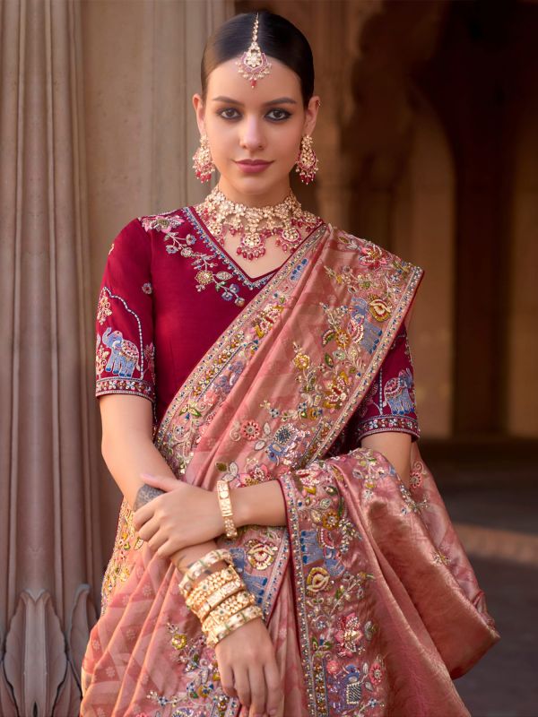 Peach Embroidered Traditional Wear Sarees