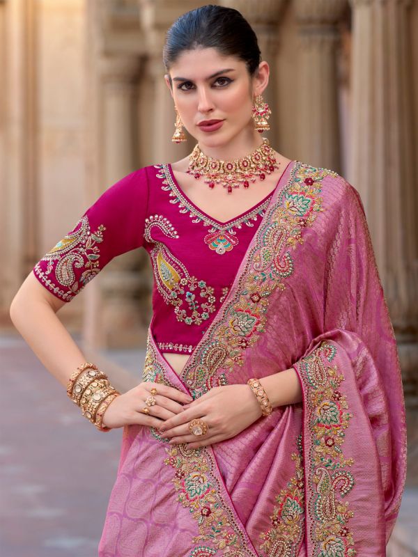 Pink Wedding Silk Saree In Sequins Work