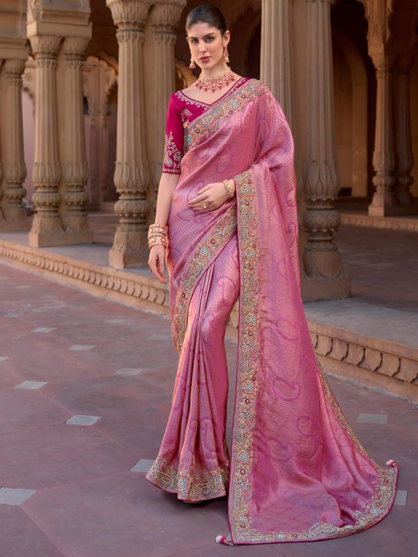 Pink Wedding Silk Saree In Sequins Work