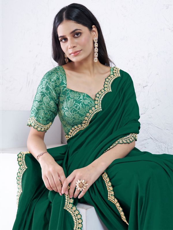 Dark Green Hand Work Wedding Saree